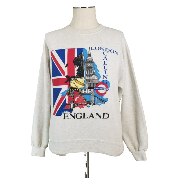 vintage London Calling sweater sweatshirt medium gray long sleeve '80s flawed - Picture 1 of 9